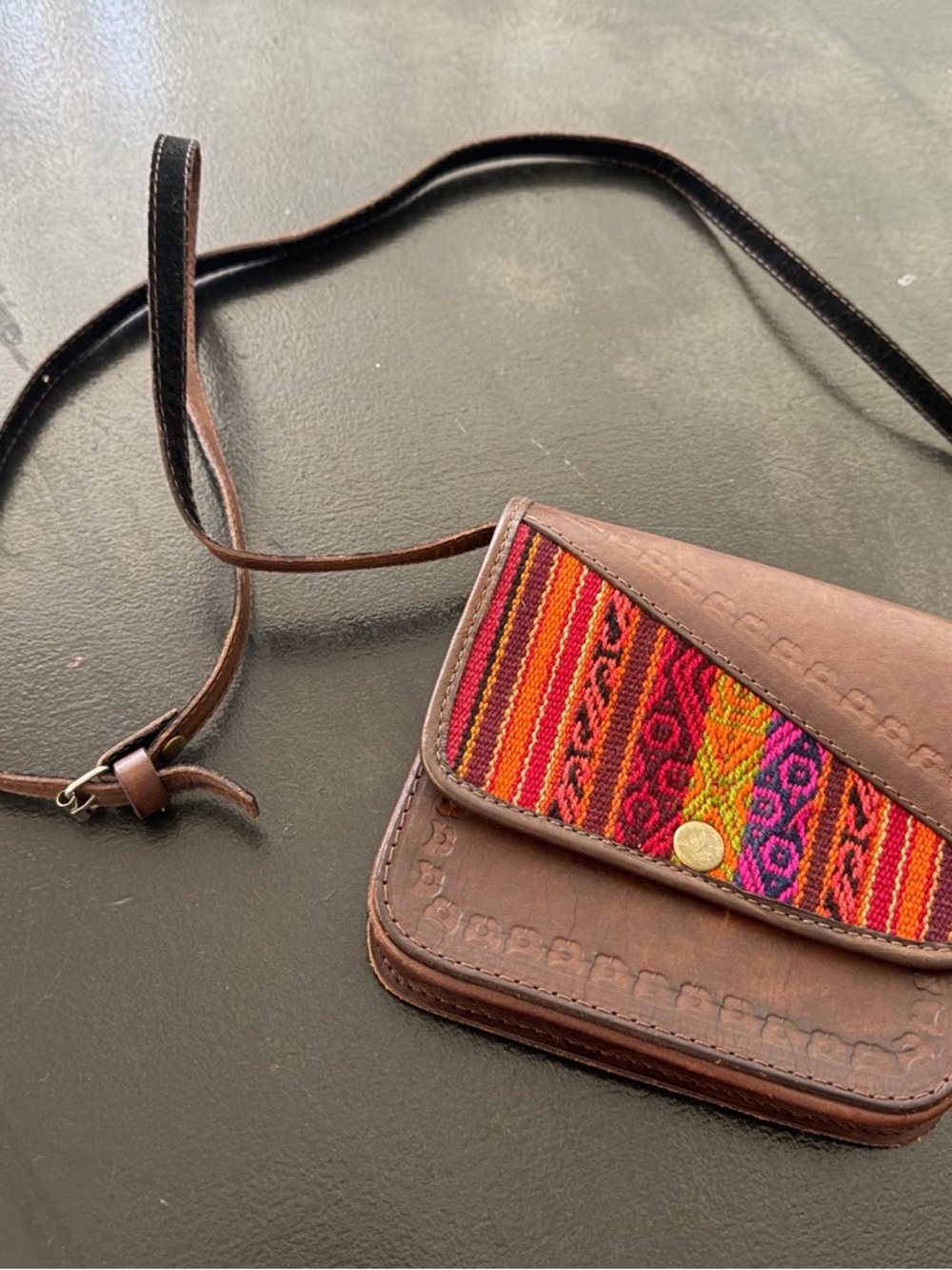 Bolivian Incan Handmade Satchel Purse Adjustable Strap Brown Etched Leather Bag